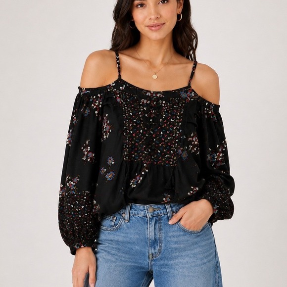 Abercrombie & Fitch Tops - NWT Abercrombie & Fitch Floral Cold Shoulder Boho Tassel Blouse Navy Size Small